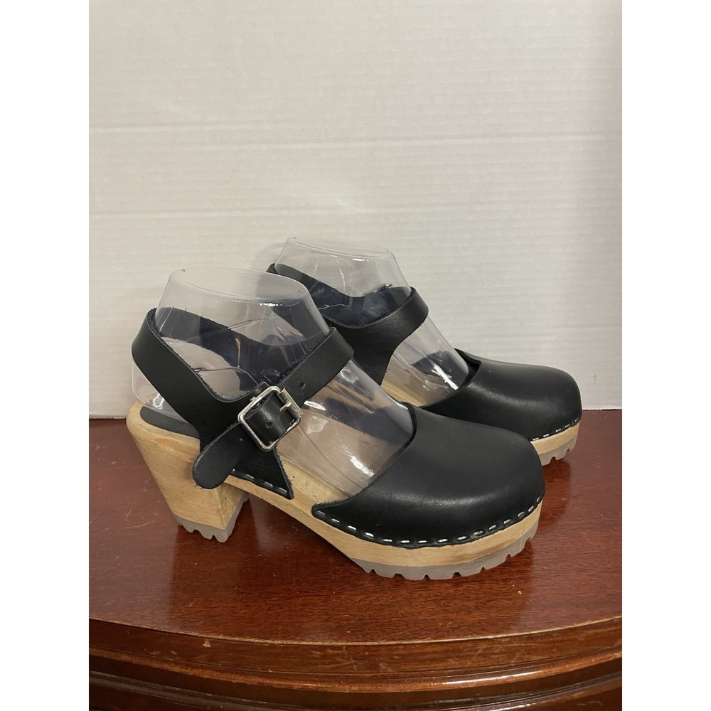 MIA ABBA Clogs Black Leather 3" Block Heel Sandals Ankle Strap Women's Size 38